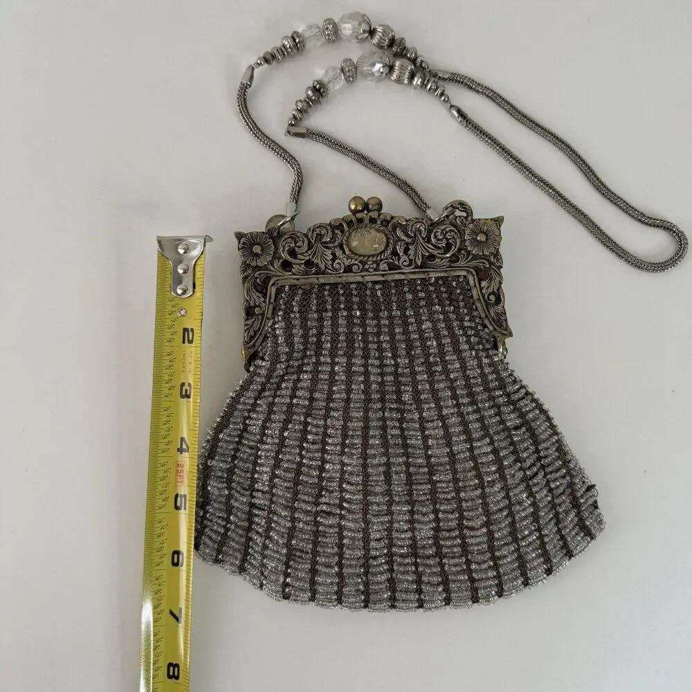Vintage 1920's Art Deco Beaded Evening Bag Silver Gold Metal Ornate Frame Mirror